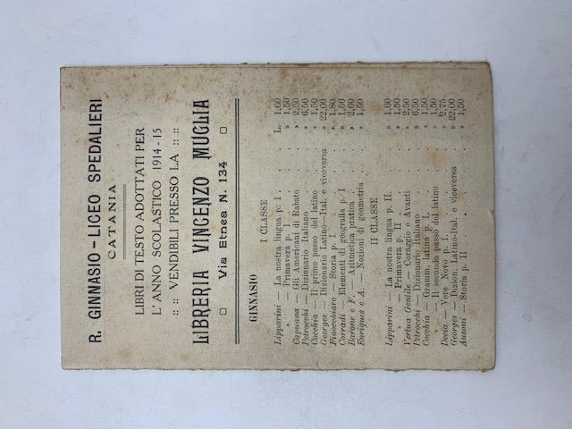 R. Ginnasio Liceo Spedalieri, Catania. Libri di testo adottati per l'anno scolastico 1914-15 vendibili presso la Libreria Vincenzo Muglia